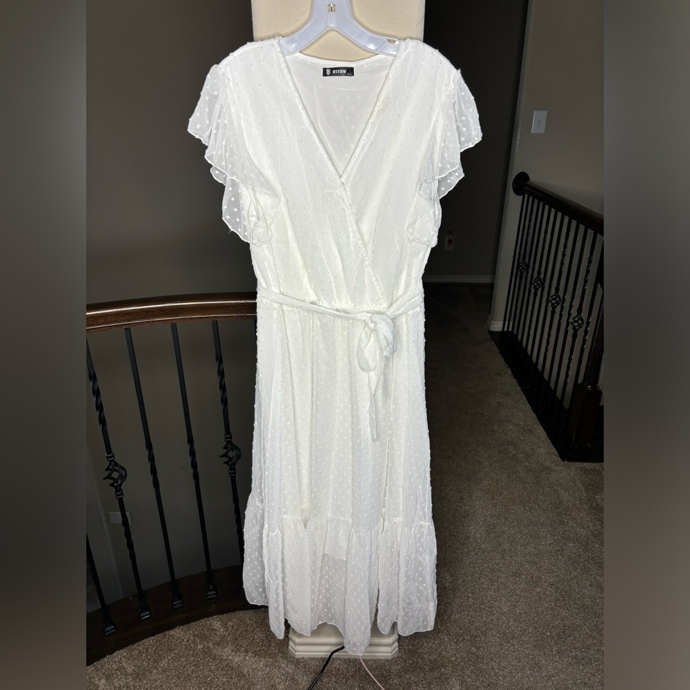 White Tiered Midi Dress with Flowy Sleeves and Swiss Dot Texture